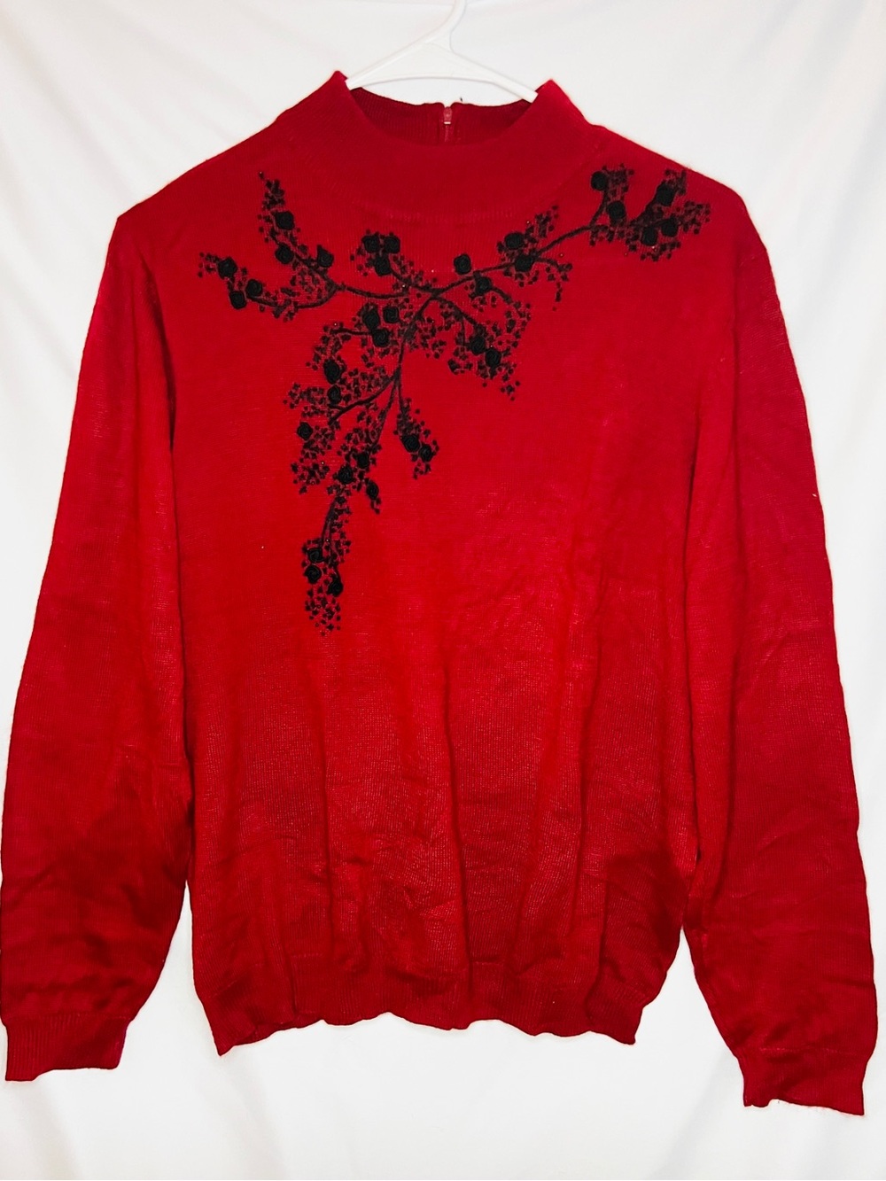 Alfred Dunner Red Sweater with Black Floral Embroidery